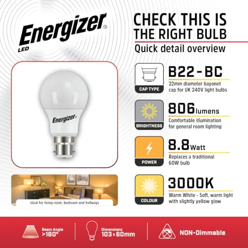 Energizer B22 LED Bulbs, Warm White 3000K, 806 Lumens, Pack of 5 - Image 2