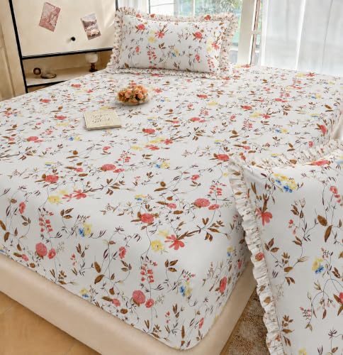 Image of VOMZER Queen Size (60x78) 300 TC Soft Cotton Feel Microfiber All Around Elastic Fitted Double Bedsheet with 2 Frill Pillow Covers | White Leaf
