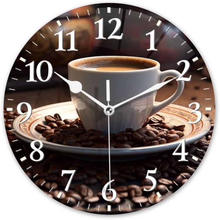 Quartz Wall Clocks Non-Ticking Silent Battery Operated Modern Wall Clocks Decorative for Home,Bedroom-Cup of Coffee and Scattered Coffee Beans On The Table(16inch)