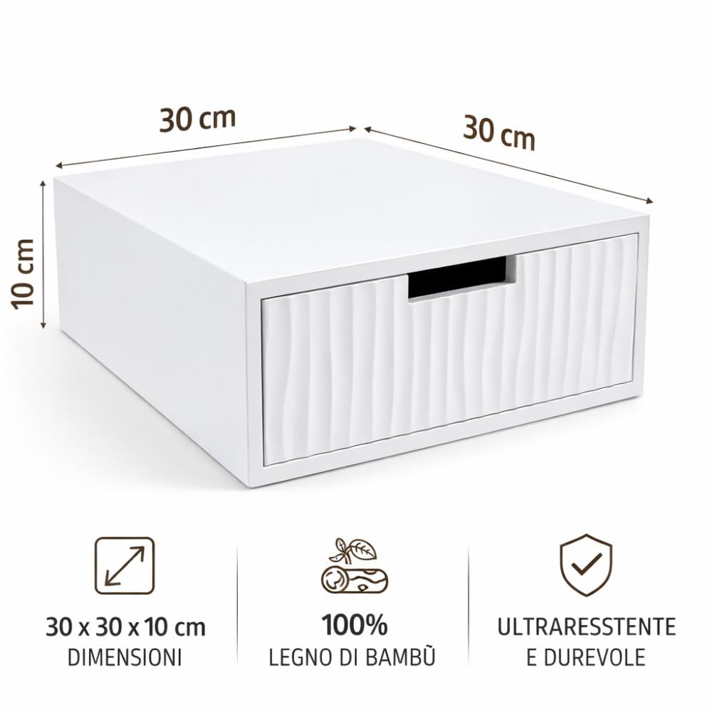 Porta Capsule e Cialde Caffè completamente in Legno Bambù Bianco 30x30x10 cm – Supporto Macchina Caffè Salvaspazio con 3 Scomparti