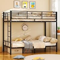 Bonnlo Metal Bunk Bed, Single over Single Loft Bed Frame with 38cm High Full-Length Guardrail & Non-Slip Ladder, Space-Saving Twin Over Twin Bunk Bed, High Sleeper Bed Frame for Kid Teens Adults,Black