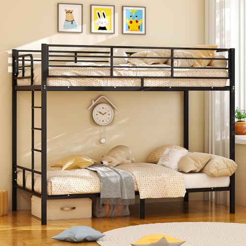 Image of Bonnlo Metal Bunk Bed, Single over Single Loft Bed Frame with 38cm High Full-Length Guardrail & Non-Slip Ladder, Space-Saving Twin Over Twin Bunk Bed, High Sleeper Bed Frame for Kid Teens Adults,Black