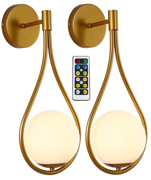 HANHJ Gold Wall Lights Battery Operated LED Remote Wall Sconces Set of 2, Modern Globe Wall Mounted Bedroom Bedsides Wireless Wall Lamp Light Fixture Home Decoration for Living Room Bathroom Hallway