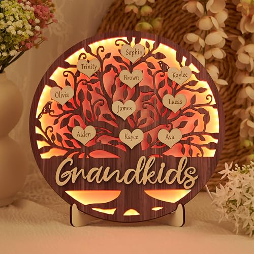 Cara Nonna Personalized Mothers Day Gifts for Grandma from Grandkids Customized Family Tree Wooden Sign with Light for Grandma Grandparents Grandpa Mothers Day Christmas Birthday Gifts