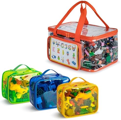 Rexmica 4 Packs Toy Storage Bag Compatible with Toy Building Bricks, Waterproof Clear Toy Organizer Case for Magnetic Toys, Board Games, Building Blocks, Puzzles, Construction Toy Travel Carrying Bag