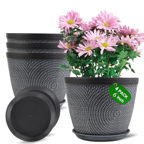 Image of Quarut 4 Pack 6 Inch Flower Pots,Plastic Plant Pots with Drainage Hole&Tray