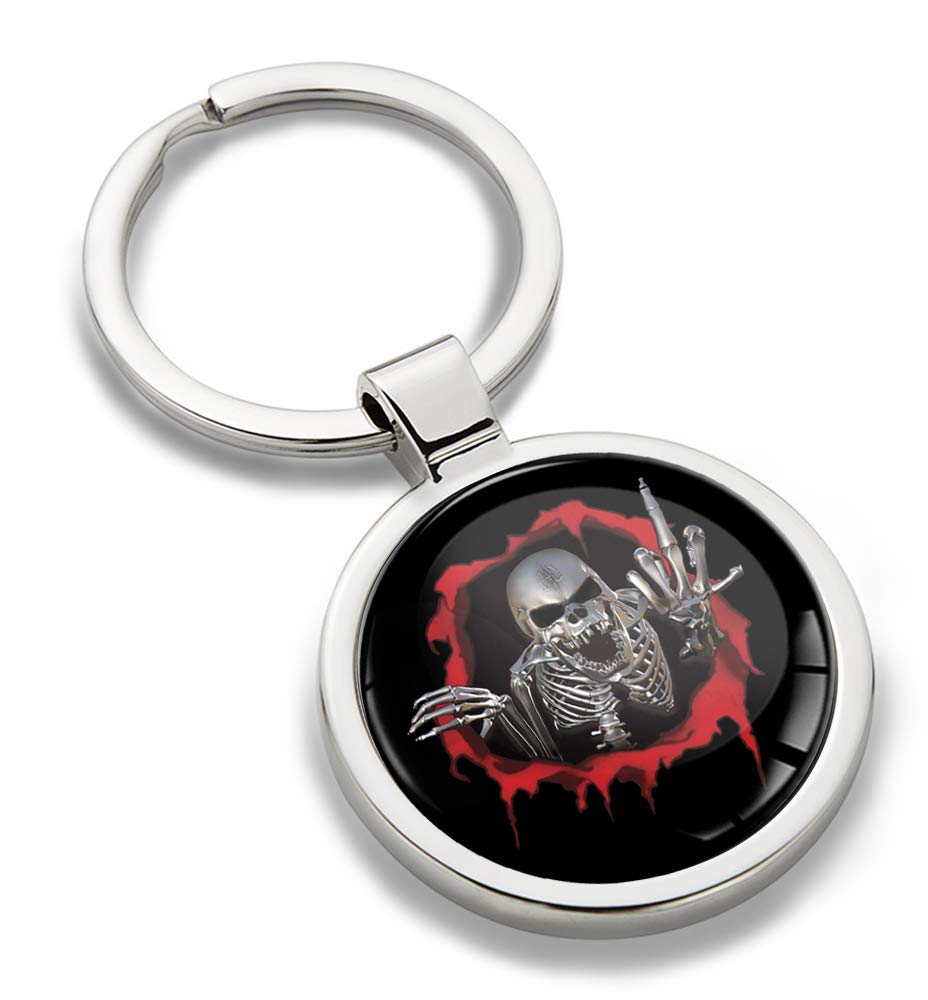 3D Metal Skull Middle Finger Keychain Keyring - Stainless Steel Gift With Box, 7.5x3 Cm