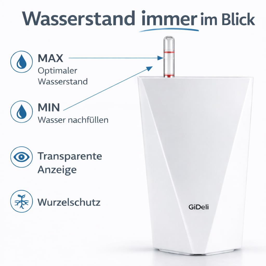 GiDeli Selbstwässernder Blumentopf - Selbstbewässerungstopf mit Wasserstandsanzeige - Blumentöpfe, der vor Überlaufen und Verrotten Schützt - Zeitsparender Pflanztöpf