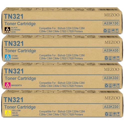 Image of MEZOO TN-321 TN321 Toner Cartridge High Yield TN321K TN321C TN321M TN321Y Toner Cartridge Replacement for Konica Minolta bizhub C224e C364e C284e C224 C284 C364 C7822 C7828 Printer(4-Pack,BK /C /M /Y)