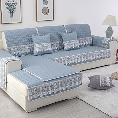 Vctops Farmhouse Solid Color Sofa Slipcover Non Slip L Shape Sofa Cover Lace Trim Plaid Quilted Sectional Couch Cover Furniture Protector Cover For Pets Kids Children Dog Cat (Sky Blue,43"X63") #TOP14