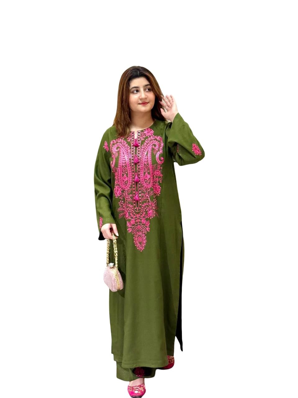 Women's Olive Green Embroidered Kurta Women Premium Ethnic Straight Kurti with Pink Thread Embroidery Casual Festive Traditional Indian Dress Comfortable Long Kurti-picture-14
