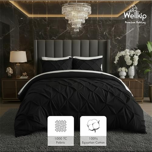 Image of Pinch Pleated Duvet Cover Set 1000TC 100% Cotton Premium 3-Pieces 1-Duvet Cover & 2-Pillow Cover Luxury Look Home and Hotel Zipper & 8-Tie Closure (Black, Queen 90 X 90 Inch)