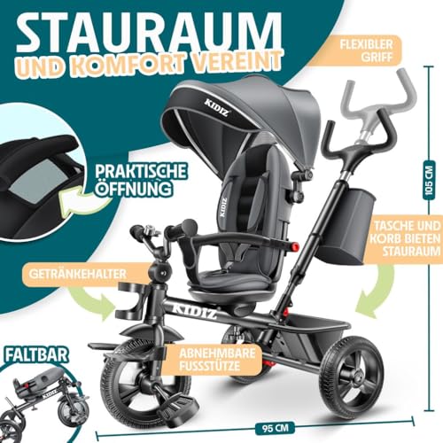 KIDIZ® Dreirad 6in1 Kinderdreirad mit Schubstange Lenkbar ab 9 Monaten bis 25Kg Jogger vorwärts & Rückwärtsfahrt, Korb Tasche Getränkehalter Sonnendach Gummiräder Buggy Fahrrad Baby Klappbar Grau
