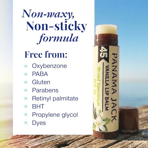 Image of Panama Jack Sunscreen Lip Balm - SPF 45, Flavor Pack, Broad Spectrum UVA-UVB Sunscreen Protection, Prevents & Soothes Dry, Chapped Lips (Dreamsicle /Vanilla /Tropical /Mango) (Pack of 2)