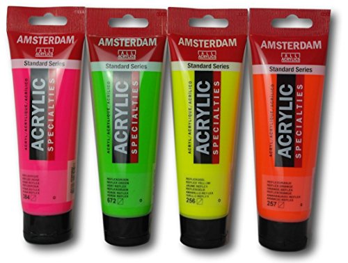 Paquete de cuatro pinturas acrílicas Amsterdam Reflex fluorescentes, verde, amarillo, rosa y naranja