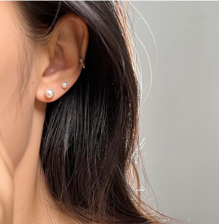 Miniatura 4 de Aretes pequeños de perlas de plata de ley redondos de 0.118in AAAA blanco perlas de agua dulce, Perla, nácar