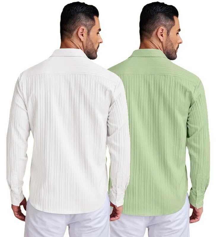 Image of DEELMO Combo of Men's Casual Button Down Shirts Long Sleeve Linen Shirt Fashion Textured Summer Shirts Pack of 2