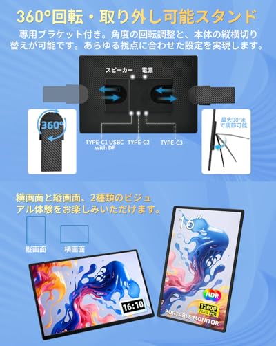モバイルモニター 16インチ 1920*1200 ポータブルモニター ノートPC拡張 サブディスプレイ 非光沢画面 軽量 薄型 プラグ&プレイ 360°回転スタンド付き 保護カバー付き USB-C/HDMI接続 Windows/Mac/スマホ/Switch/PS5/Xbox対応 在宅勤務 リモートワーク(N3)