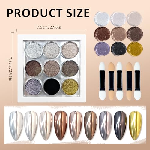 Image of 9 Colors Chrome Nail Powder Palette, Black Gold Brown Silver Metallic Mirror Holographic Chrome Powder for Nails, Fine Glitter Nail Art Decoration for Home DIY Salon Manicure Pigment, D