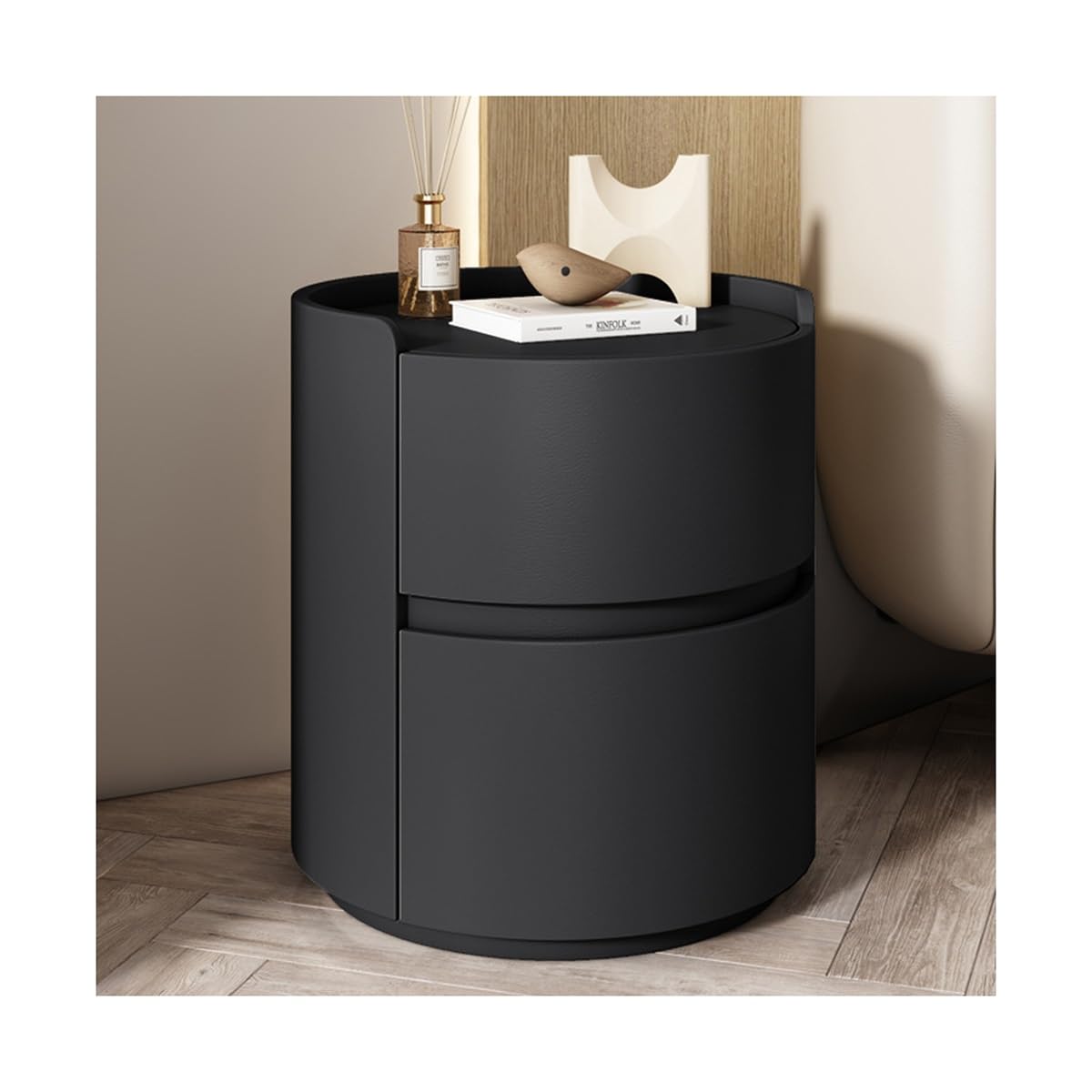 Table basse ronde moderne sans montage pour optimiser le rangement du salon