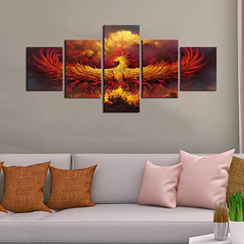5 Piece Painting On Canvas Burning Phoenix Drawn In Heraldic Style Fire Phoenix Wall Art Vintage Pictures Print Artwork Home Decor For Living Room Giclee Framed Stretched Ready To Hang(50''Wx24''H) #TOP3