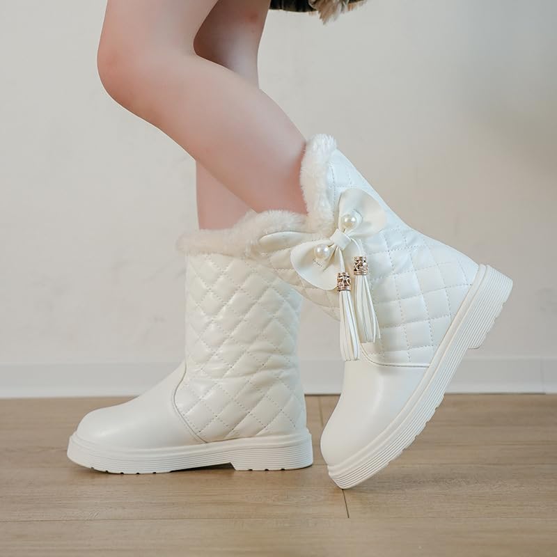 Girls' Winter Boots Thick Warm Snow Boots for Kids, Princess Style Mid-Calf Boots with Bowknot and Tassel, Faux Leather, Fabric Lining, Rubber Sole, Round Toe, Slip-On Closure4