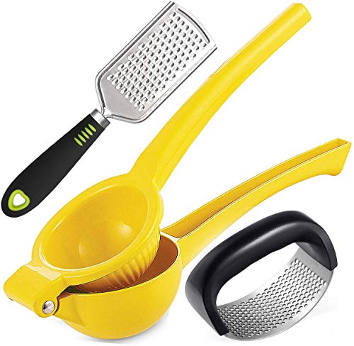 Lemon Squeezer Garlic Press Rocker Hand Grater 3 Pieces Kitchen Tool Set Manual Citrus Press Lime Juicer Ginger Garlic Mincer Crusher and Grater for Cheese Butter Root Vegetables Chocolate Nuts