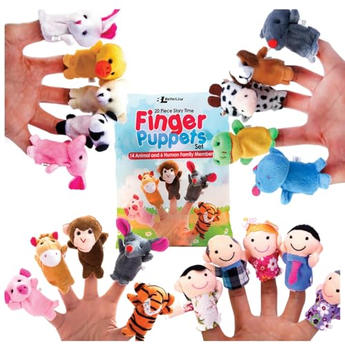 Image of 20-Piece Story Time Finger Puppets Set - Cloth Velvet Puppets - 14 Animals and 6 People Family Members