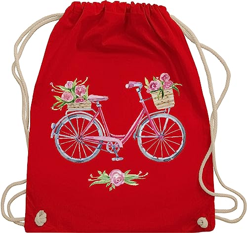 Turnbeutel Rucksack - Retro - Vintage Fahrrad mit Blumen I - Unisize - Rot - radfahren geschenke kunst bike stoffrucksack geschenkideen für radfahrer art fahrrd beutelrucksäcke geschenk kind