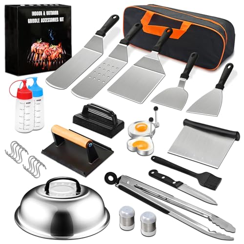 29pcs Blackstone Griddle Accessories Kit, Large Stainless Steel Grill Accessories Set for Blackstone and Camp Chef, Grill Spatula Set with Enlarged Spatulas, Scraper, Tongs for Outdoor Barbecue