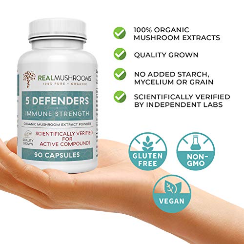 Real Mushrooms 5 Defenders Mushroom Supplements for Immune Support (90ct) Promote Better Overall Wellbeing w/ Chaga, Shiitake, Maitake, Turkey Tail, & Reishi Mushroom | Vegan, Non-GMO