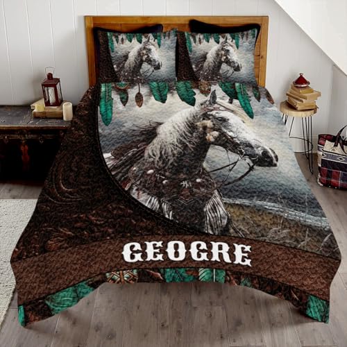 DESTACOZIE Personalized Horse Quilt with Name Feathers Quilts Full Size, Native Bed Set for Boys, Horse Running Bedding Sets