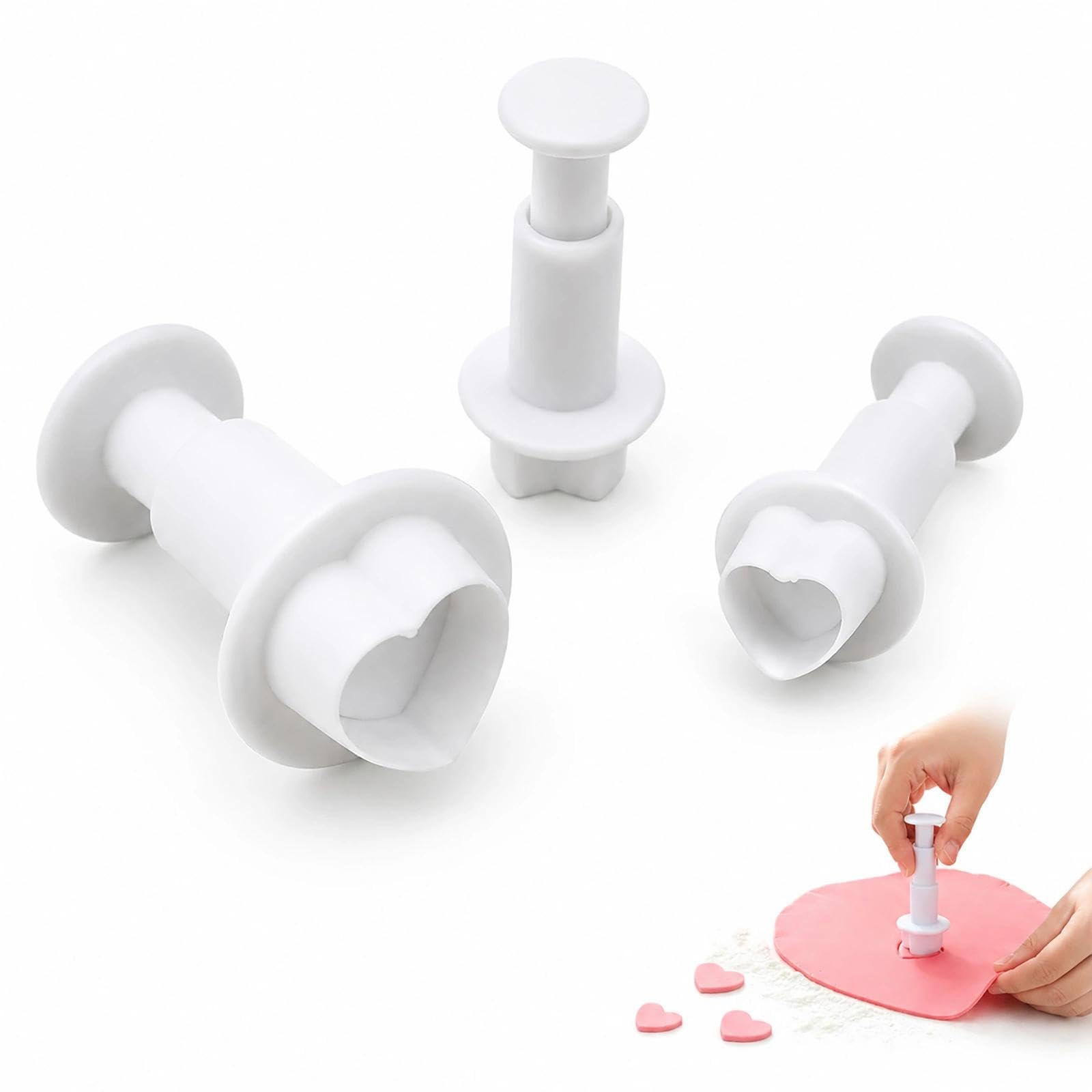 BOHUIMYI 3Pcs Heart Plunger Cutters, Fondant Icing Cookie Cutter Set, 3 Sizes (7mm/10mm/13mm) Easy Release Sugarcraft Molds for Cake Decorating, Biscuits, Clay, White