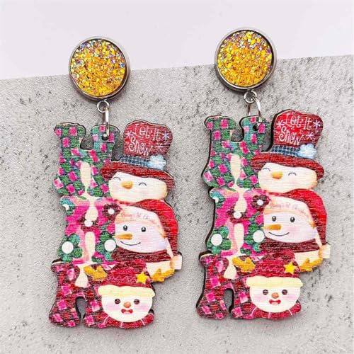Brincos de madeira de Natal retrô exclusivos de madeira leve, Papai Noel, floco de neve, árvore de N