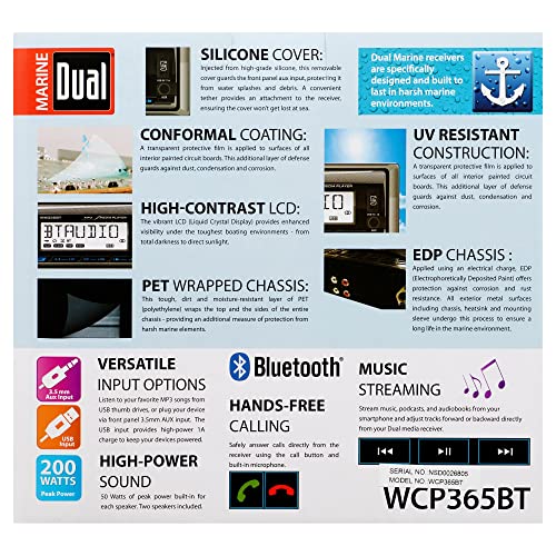 Dual Electronics WCP365BT Marine Single DIN Stereo Receiver with AM/FM