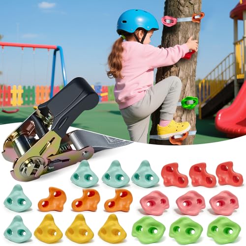 20 PCS Large Ninja Rock Climbing Holds for Kids,Tree Climbing Rock Wall Grips,Adult Rock Wall Holds Rock Wall Climbing Kit with 6 Ratchet Straps for Indoor Outdoor Climbing Wall Holds（Pastel Color）