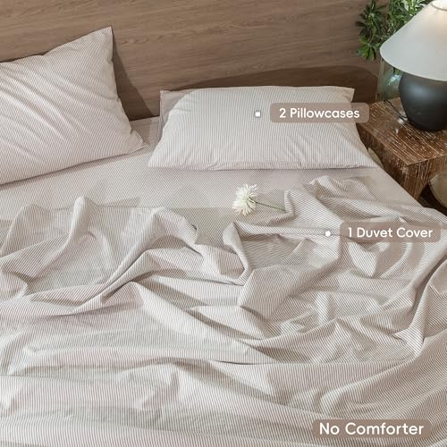 Image of MooMee Striped Duvet Cover Set 100% Washed Cotton Linen Like King | Relaxed Linen-like Texture. Soft, Breathable & Long-lasting Comfort. Lightweight. Hidden Zipper with 8 Interior Corner Ties