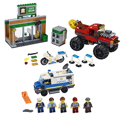 Image of LEGO 60245 City Police Monster Truck Heist Building Set with Van, Motorbike, Bank, and Magnetic Brick,Multicolor,Pack of 362 Pieces