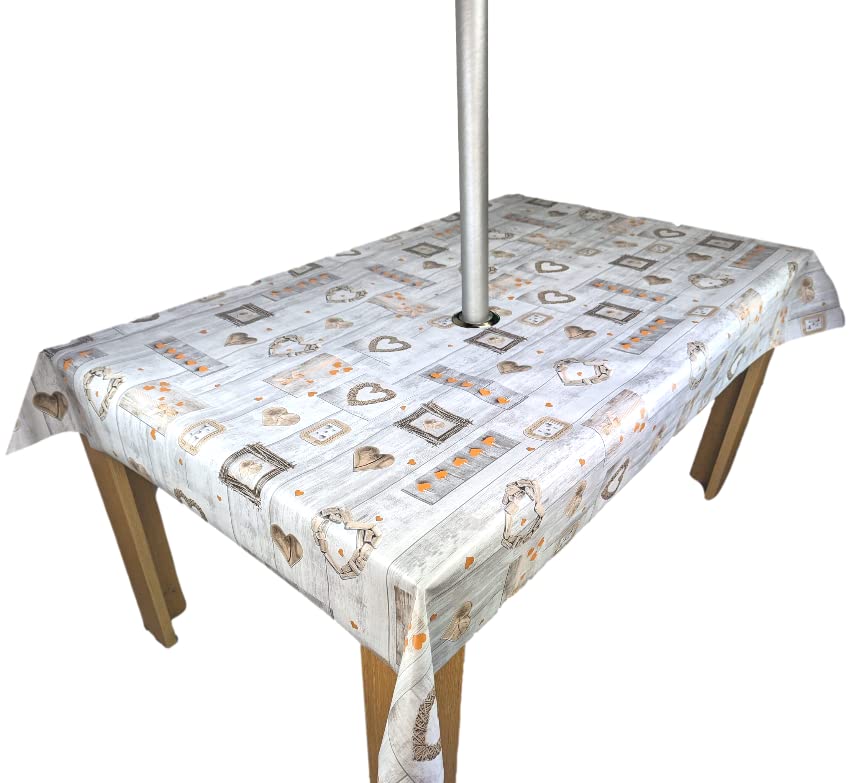 Karina Home Square Outdoor Garden Tablecloth with Parasol Umbrella Hole Wipe Clean Orange on Grey Wood Effect Love Hearts 140cm x 140cm