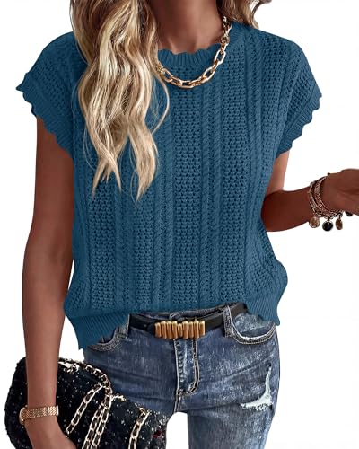 KIRUNDO Crochet Tops for Women Cap Short Sleeve Sweater Vest 2026 Summer Fall Cable Knit Pullover Beach Vacation Outfits(Dusty Blue, Large)