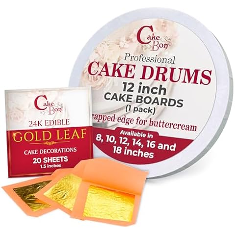 Cakebon 12 Inch Cake Board Bundle with 24K Edible Gold Leaf – Sturdy 1/2 Inch Cake Drum & 20 Loose Gold Leaf Sheets for Cake Decorations Cover