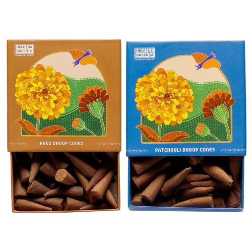 Image of Natural Incense Fragrance Khus and Patchouli Dhoop Cones with Holder (80 pcs) | Havan for Pooja, Home & Festivals I Natural Guggal /Loban Original |Pack of 2 (40 Cones /Pack)