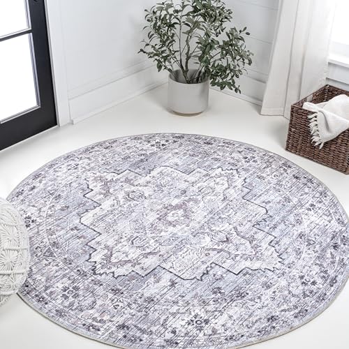 JONATHAN Y Machine Washable Gray/Purple Round Area Rug 5 ft, Didim Boho Medallion for Living Room, Bedroom, Kitchen, Office, Easy-Cleaning, High Traffic, Pet-Friendly, Non-Shedding (WSH102A-5R)