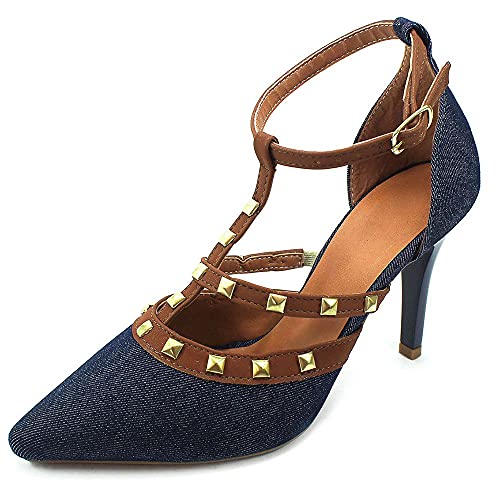 Scarpin Zhaceci Salto Alto com Spike Jeans Cor:Azul;Tamanho:35