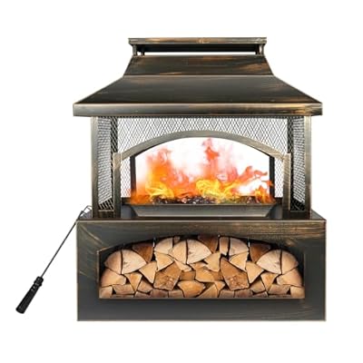 Red Mountain Valley 37" Fire Pits with Wood Storage for Outside, Large Wood Burning Outdoor Fireplace with Chimney, Mesh Spark Screen & Fire Poker, Idea for Backyard, Patio, Party, Camping, Picnic