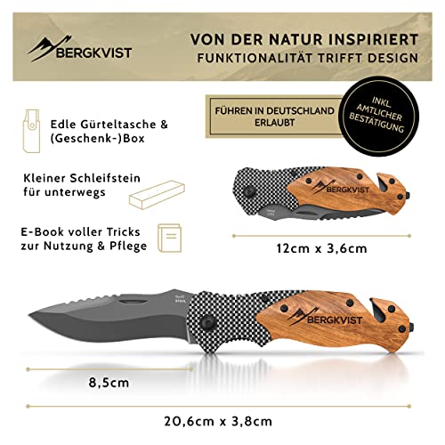 BERGKVIST® 3-in-1 pocket knife K20 two-handed knife can be carried, sharp folding knife, survival knife and outdoor knife with wooden handle incl. whetstone & belt bag - Image 4