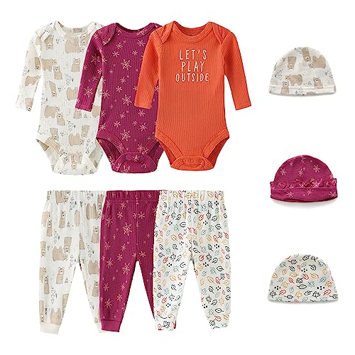 Image of Ecojoy Baby Long Sleeve Bodysuits Newborn Clothes 9-Piece Jumpsuits Pant Hat Set for Boys and Girls