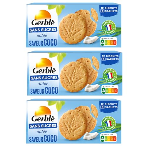 GERBLÉ – Biscuits Coco – Sans Sucres – Sans Huile de Palme – Nutri-Score A – 3 Sachets Individuels – 12 Biscuits – Lot de 3 Boîtes