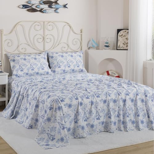 Image of FADFAY Premium 100% Cotton Nautical Sheet Set King - Coastal Blue & White Sailing Ship Bed Sheets, Vintage Maritime Map Print, Soft Breathable Deep Pocket Bedding, 4 Piece Set