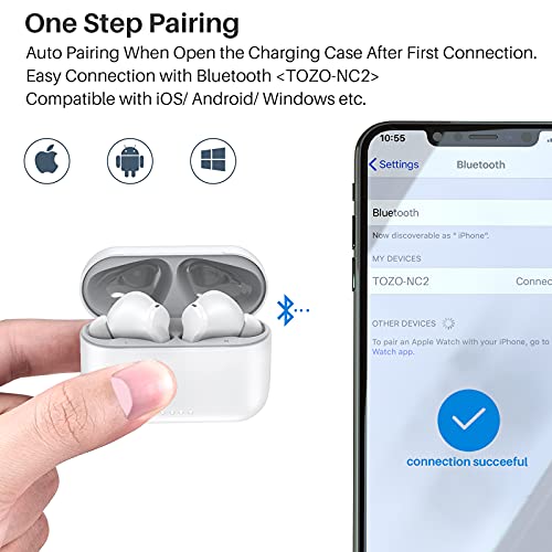 Tozo Nc2 Hybrid Active Noise Cancelling Wireless Earbuds, In-Ear Detection Headphones, Ipx6 Waterproof Bluetooth 5.2 Stereo Earphones, Immersive Sound Premium Deep Bass Headset, White #TOP4